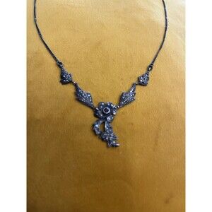 Sterling Silver Marcasite Garnet Flower Dangle Pendant Necklace 18.5” 9 Gram 925